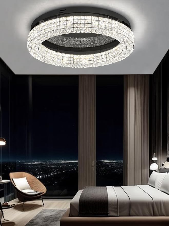 ykolupty 32'' Modern Chandeliers for Living Room Crystal Chandelier Flush Mount Ceiling Light Fixture for Dining Room Living Room Bedroom Dimmable 2700-6000K (Black Chandelier)