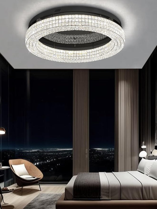 ykolupty 32'' Modern Chandeliers for Living Room Crystal Chandelier Flush Mount Ceiling Light Fixture for Dining Room Living Room Bedroom Dimmable 2700-6000K (Black Chandelier)