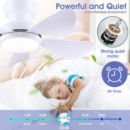 Kviflon 32 Inch Modern Ceiling Fans with Lights, Small Flush Mount Ceiling Fan with Light and Remote/APP Control, 5 Reversible 6 Speeds Curved Blades, 3 CCT Dimmable Lights for Kids Room, White