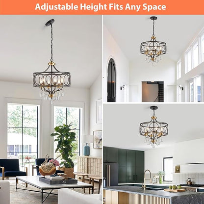Crystal Chandeliers for Dining Room,17.7" Black and Gold 6 Lights Hanging Pendant Lighting Fixture Metal Farmhouse Chandelier for Kitchen Island Entryway Living Room