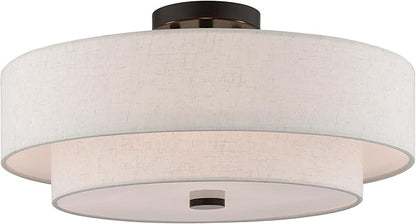 Livex Lighting 51085-92 4-Light Semi Flush Mount Ceiling Fixture with Oatmeal Color Fabric Hardback Drum Shade and Satin White Diffuser, English Bronze