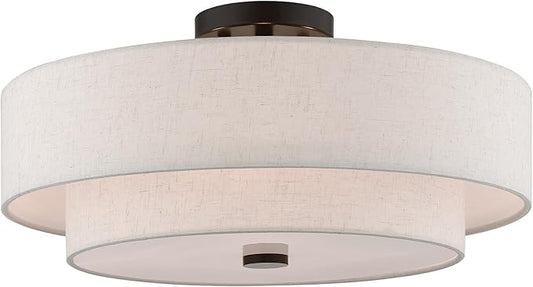 Livex Lighting 51085-92 4-Light Semi Flush Mount Ceiling Fixture with Oatmeal Color Fabric Hardback Drum Shade and Satin White Diffuser, English Bronze