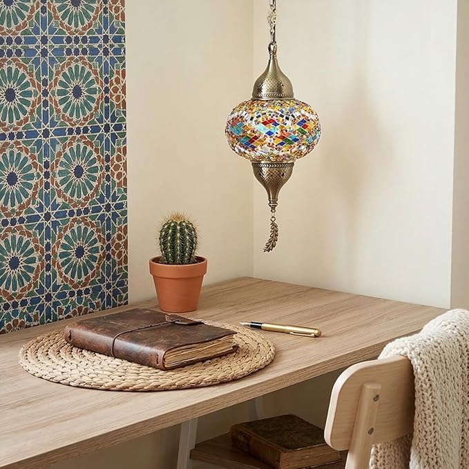 Turkish Moroccan Mosaic Pendant Light - Handcrafted Tiffany Style Swag Lamp with 15ft Cord, Vintage Glass Ceiling Fixture for Mediterranean Decor (Multicolor1)