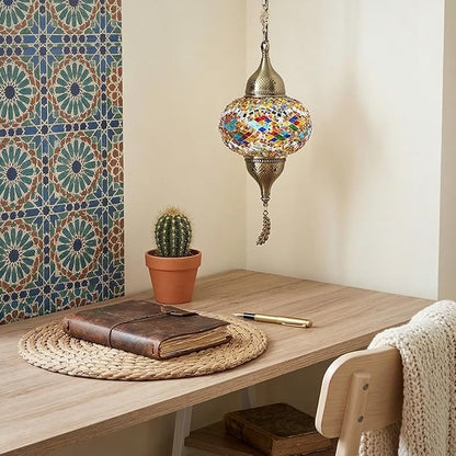 Turkish Moroccan Mosaic Pendant Light - Handcrafted Tiffany Style Swag Lamp with 15ft Cord, Vintage Glass Ceiling Fixture for Mediterranean Decor (Multicolor1)