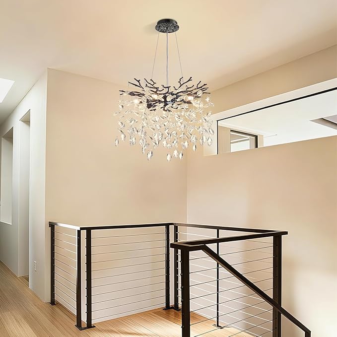 Modern Tree Branch Crystal Chandelier 18" Black Luxury Large Pendant Lighting 6-Light Contemporary K9 Crystal Chandeliers for Dining Room Kitchen Living Room Foyer Entryway (Black, D18-Round)