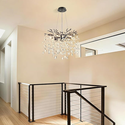 Modern Tree Branch Crystal Chandelier 18" Black Luxury Large Pendant Lighting 6-Light Contemporary K9 Crystal Chandeliers for Dining Room Kitchen Living Room Foyer Entryway (Black, D18-Round)