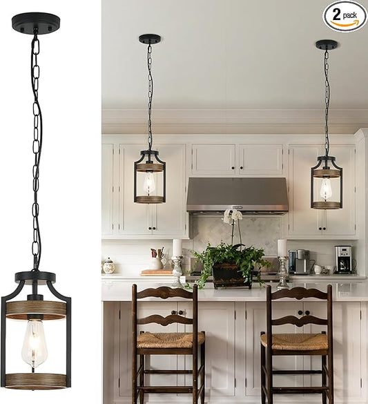 Farmhouse Pendant Light, Rustic Wood Metal Light Fixtures with Adjustable Hanging Chain, Small Pendant Lighting for Kitchen Island, Dining Room, Entryway, Cafe & Bar, 2 Pack