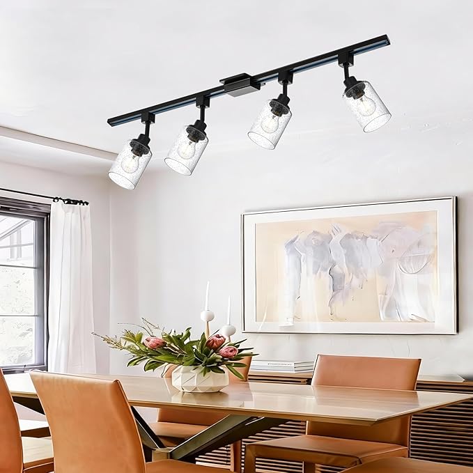 4 Pack H Track Lighting Replacement Heads Black Ceiling Track Lighting Fixtures with Seeded Glass, H Type Tracking Light Heads Multi-Directional Rotating Spotlight Kitchen Island Accent Lights