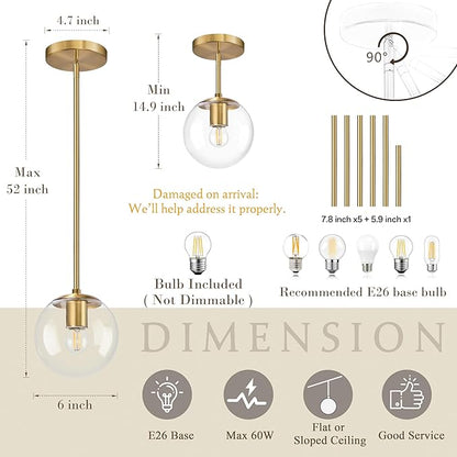 Bagood 6 Inch Globe Pendant Light Gold Mid Century Pendant Light Contemporary Globe Pendant Lights Kitchen Island Clear Glass with Brass Finish Adjustable Hanging Light Fixture for Kitchen Island