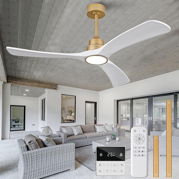 White Gold Ceiling Fans with Lights,52 inch Solid Wood Ceiling Fan with Remote Control,Wall Switch,Dimmable,Reversible,Power Off Memory Modern Ceiling Fan for Bedroom Patio Indoor/Outdoor Use