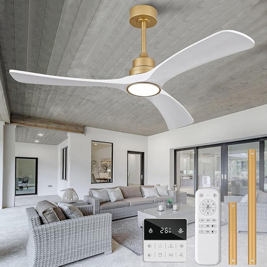 White Gold Ceiling Fans with Lights,52 inch Solid Wood Ceiling Fan with Remote Control,Wall Switch,Dimmable,Reversible,Power Off Memory Modern Ceiling Fan for Bedroom Patio Indoor/Outdoor Use