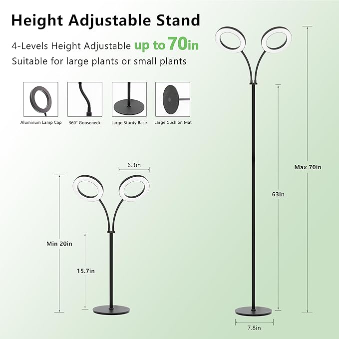 Grow Light for Indoor Plants, 2-Head Full Spectrum LED Tall Plant Lights with Timer, 3 Color Modes Standing Floor Growing Lamp, 70" Height Adjustable, 10 Dimmable Levels for Large Plants