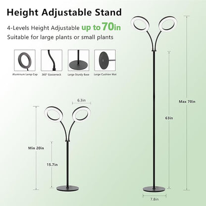 Grow Light for Indoor Plants, 2-Head Full Spectrum LED Tall Plant Lights with Timer, 3 Color Modes Standing Floor Growing Lamp, 70" Height Adjustable, 10 Dimmable Levels for Large Plants