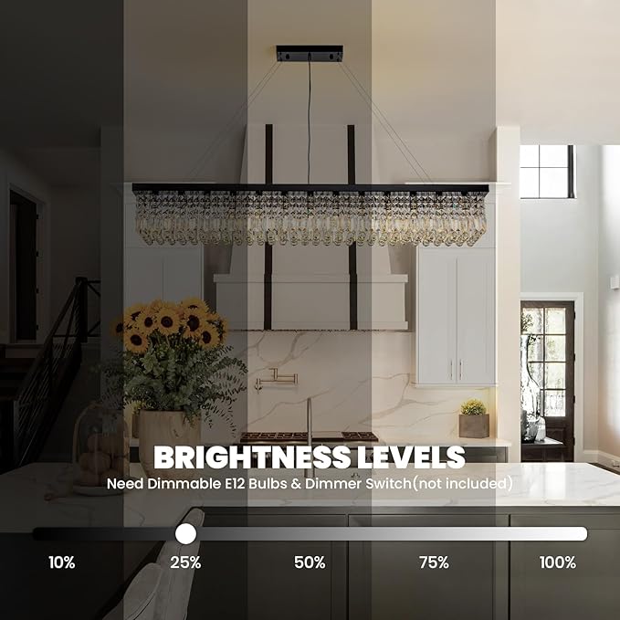7PM Rectangle K9 Crystal Chandelier, 13-Light Modern Dining Room Linear Ceiling Chandelier, Rectangular Pendant Lighting Fixture for Kitchen Island Bedroom, Black Finish L59'' x W10'' x H9''