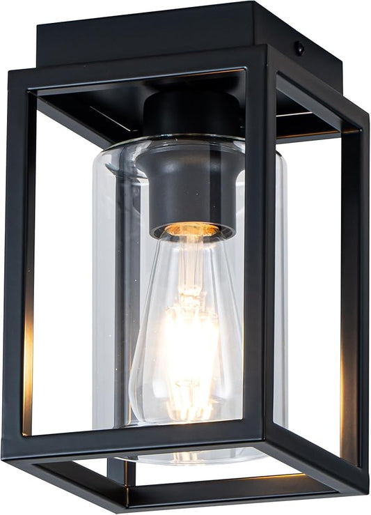 Mayful Flush Mount Ceiling Light Fixture with Clear Glass Shade, Farmhouse Black Metal Frame Light Fixture for Kitchen Island Entryway Porch Foyer Dining Room, E26 Ceramic Base