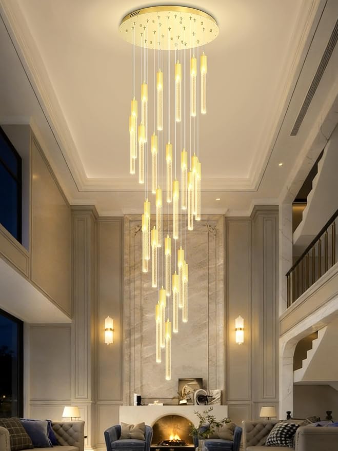 Flashing God Gold 28 Lights Large Foyer Chandeliers for High Ceilings 12 feet Long Spiral Stair Pendant Chandelier Crystal Ceiling Light Fixtures Dimmable 2700k-4500k-6000k