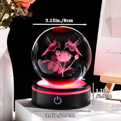 YWHL 3D Hummingbird Crystal Ball Figurine with LED Base, Hummingbird Gifts for Women Men on Birthday Christmas, Glass Decorative Hummingbirds with Rose Ball Night Light for Home Decor (80mm)
