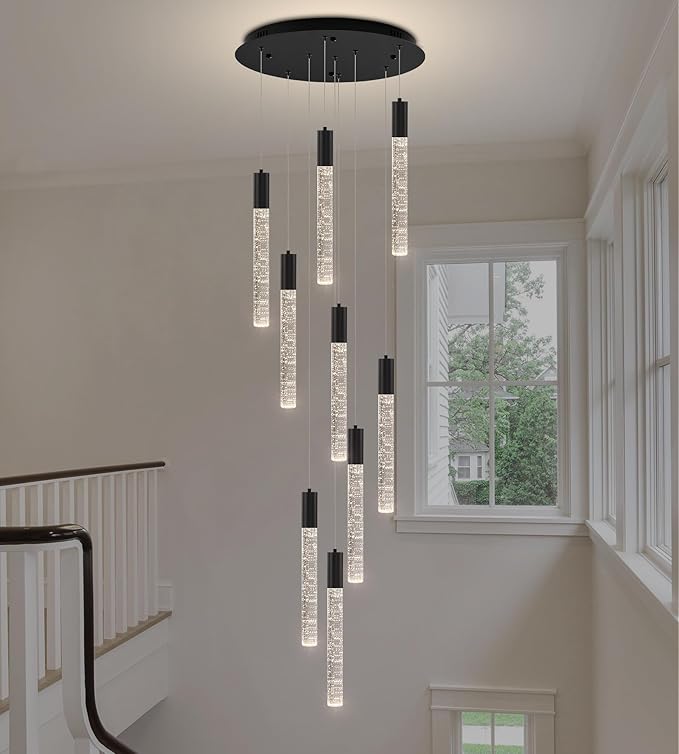 Modern High Ceiling Crystal Chandelier 9-Lights, Spiral LED Raindrop Foyer Pendant Lighting, Bubble Staircase Living Room Hanging Light Fixture Flush Mount Black