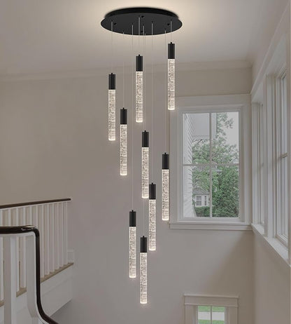 Modern High Ceiling Crystal Chandelier 9-Lights, Spiral LED Raindrop Foyer Pendant Lighting, Bubble Staircase Living Room Hanging Light Fixture Flush Mount Black
