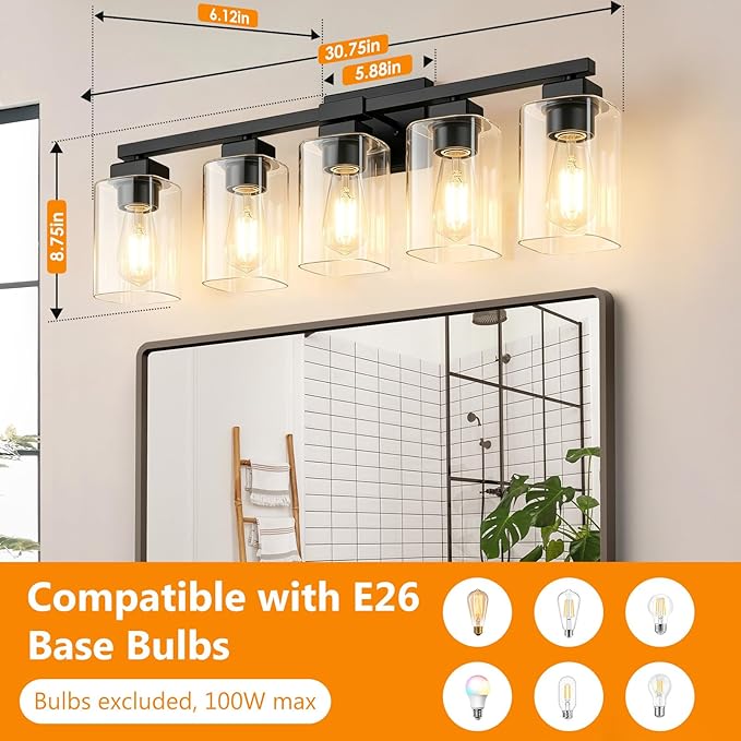 BesLowe 31" 5-Light Bathroom Light Fixture, Modern Black Bathroom Vanity Light, Bathroom Lighting Fixtures Over Mirror, Matte Black Wall Socnce Lamp, Wall Lights for Living Room Bedroom Hallway