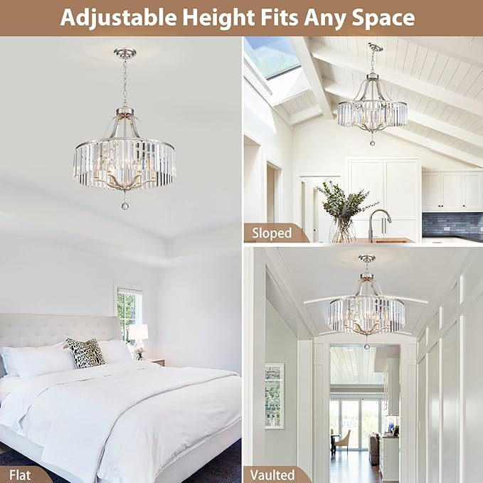 Modern Crystal Chandeliers Round 6-Light Large Brushed Nickel Pendant Lighting Fixture for Dining Room Living Room Kitchen Island Bedroom Hallway 21.7" Adjustable Height Hanging Lamp