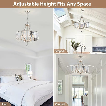 Modern Crystal Chandeliers Round 6-Light Large Brushed Nickel Pendant Lighting Fixture for Dining Room Living Room Kitchen Island Bedroom Hallway 21.7" Adjustable Height Hanging Lamp