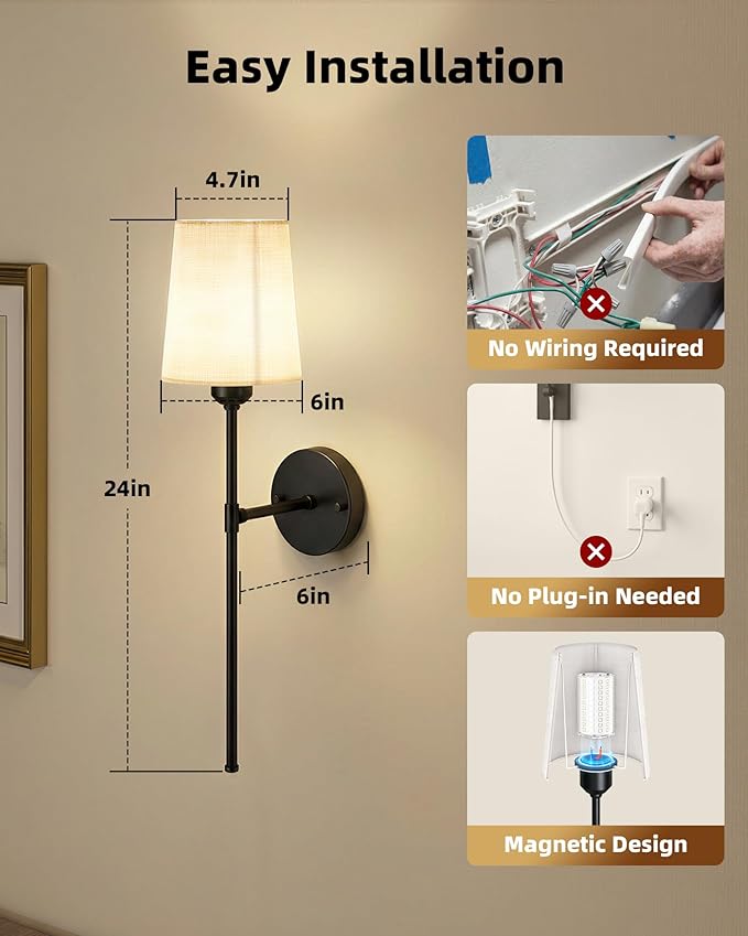 Rechargeable Wall Lights Set of 2, 7500mAh, RGB, Battery Operated Wall Sconces with Remote, Dimmable, Magnetic Bulbs, No-Wiring Installation, Wireless Wall Lamps for Bedroom, Living Room, Hallway