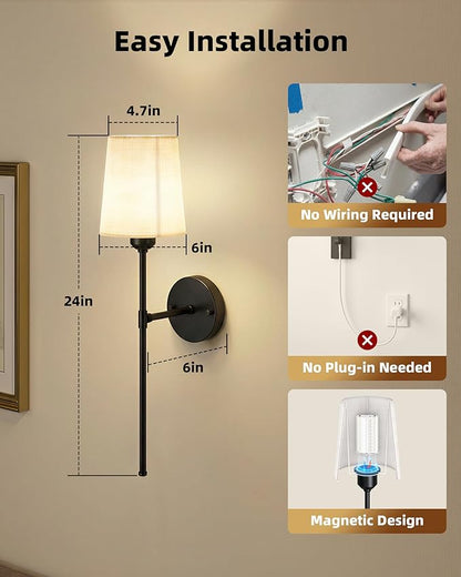 Rechargeable Wall Lights Set of 2, 7500mAh, RGB, Battery Operated Wall Sconces with Remote, Dimmable, Magnetic Bulbs, No-Wiring Installation, Wireless Wall Lamps for Bedroom, Living Room, Hallway