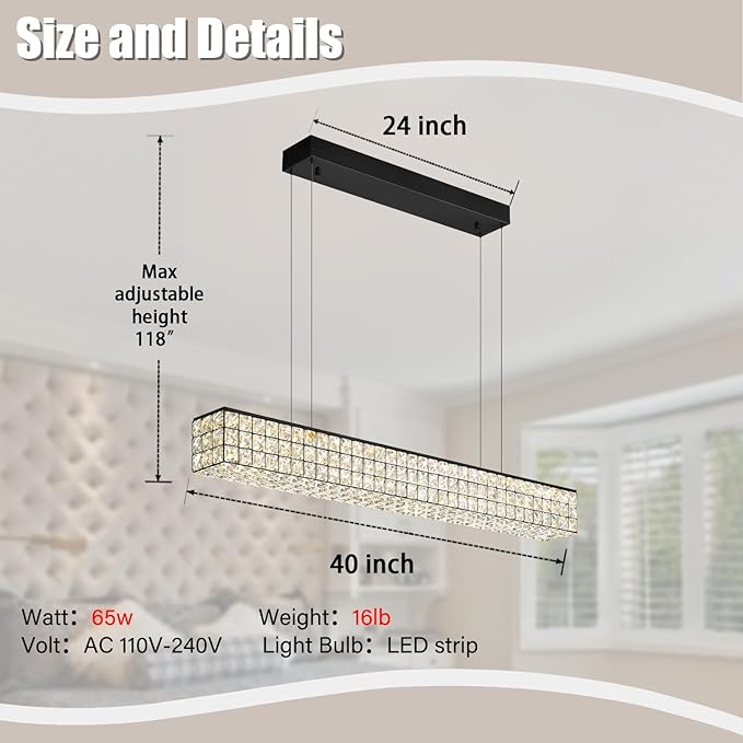 ykolupty Modern Rectangle Pendant Lights Dimmable LED Chandelier Lighting, Linear Black Dining Room Hanging Light Fixtures Kitchen Island Rectangle Chandelier for Dining Room (L 40")