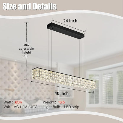 ykolupty Modern Rectangle Pendant Lights Dimmable LED Chandelier Lighting, Linear Black Dining Room Hanging Light Fixtures Kitchen Island Rectangle Chandelier for Dining Room (L 40")