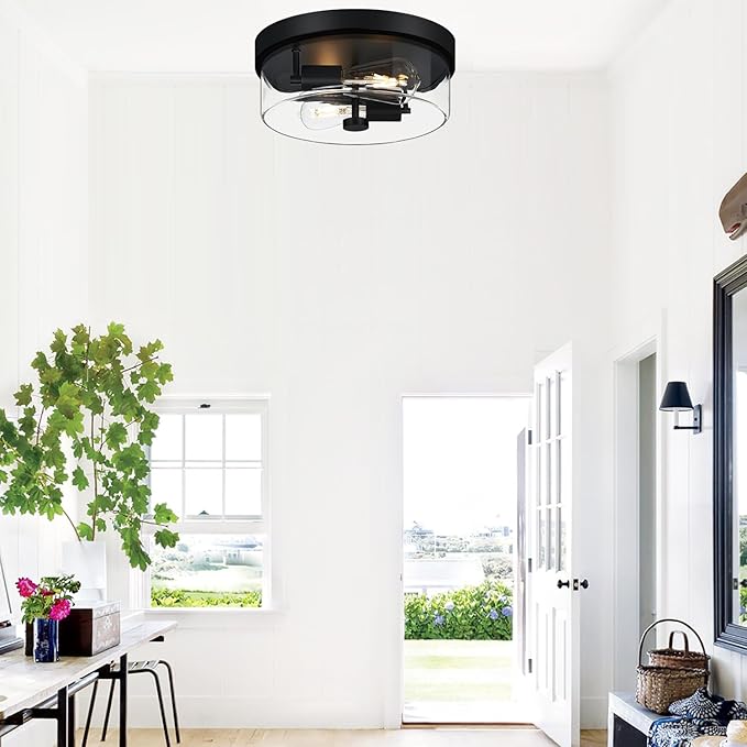 szzgco Flush Mount Ceiling Light Fixtures, 2-Light Black Ceiling Mount for Farmhouse with Clear Glass Lampshade, Industrial Flush Mount Light Fixture for Hallway, Kitchen, Entryway and Foyer