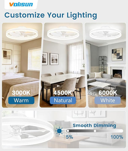 VOLISUN Low Profile Ceiling Fans with Lights and Remote, 27.6in Flush Mount Ceiling Fans with Light, 3000K-6500K Dimmable Fandelier LED Fan Light, White Bladeless Ceiling Fans with Lights for Bedroom