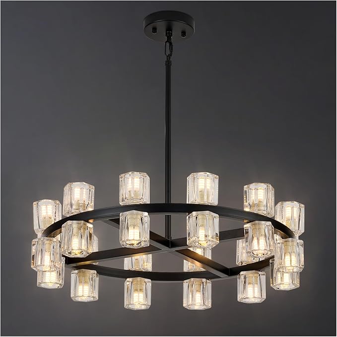 Modern 24 Inch Black Crystal Wagon Wheel Chandelier, Large Round 24-Light Pendant Lighting Fixture, Adjustable Height for High Ceilings Living Room, Dining Room, Foyer, Entryways (BLACK-24in)