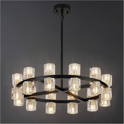 Modern 24 Inch Black Crystal Wagon Wheel Chandelier, Large Round 24-Light Pendant Lighting Fixture, Adjustable Height for High Ceilings Living Room, Dining Room, Foyer, Entryways (BLACK-24in)