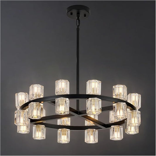 Modern 24 Inch Black Crystal Wagon Wheel Chandelier, Large Round 24-Light Pendant Lighting Fixture, Adjustable Height for High Ceilings Living Room, Dining Room, Foyer, Entryways (BLACK-24in)
