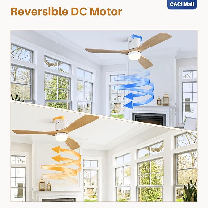 CACI Mall Smart 52 inch Wood Flush Mount Ceiling Fans with Lights and Remote, 3 Blades, Low Profile, Modern, Compatible with Alexa/Google/App, Outdoor Indoor Ceiling Fans for Bedroom/Farmhouse/Patio