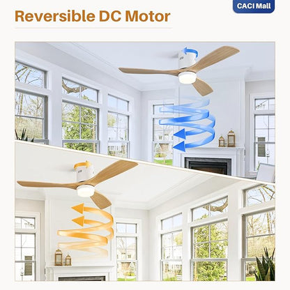 CACI Mall Smart 52 inch Wood Flush Mount Ceiling Fans with Lights and Remote, 3 Blades, Low Profile, Modern, Compatible with Alexa/Google/App, Outdoor Indoor Ceiling Fans for Bedroom/Farmhouse/Patio