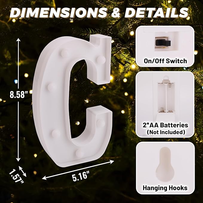 LED Light Up Marquee Letters, Battery Powered Decorative LED Letter Lights, Alphabet Light Up Letters for Wedding Birthday Party,Holiday Lamp or Home Bar Decoration (Letter C)