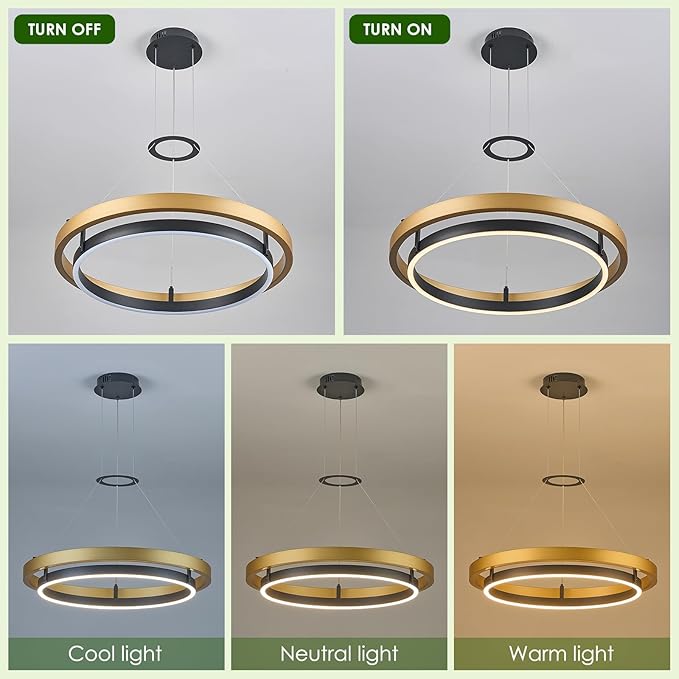 Benkut Modern LED Chandelier Black Gold Dimmable Circular LED Pendant Light with Remote Ring Chandelier Dining Room Light Fixtures for Kitchen Island Living Room Entryway, D23.6in