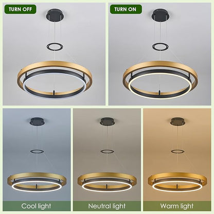 Benkut Modern LED Chandelier Black Gold Dimmable Circular LED Pendant Light with Remote Ring Chandelier Dining Room Light Fixtures for Kitchen Island Living Room Entryway, D23.6in