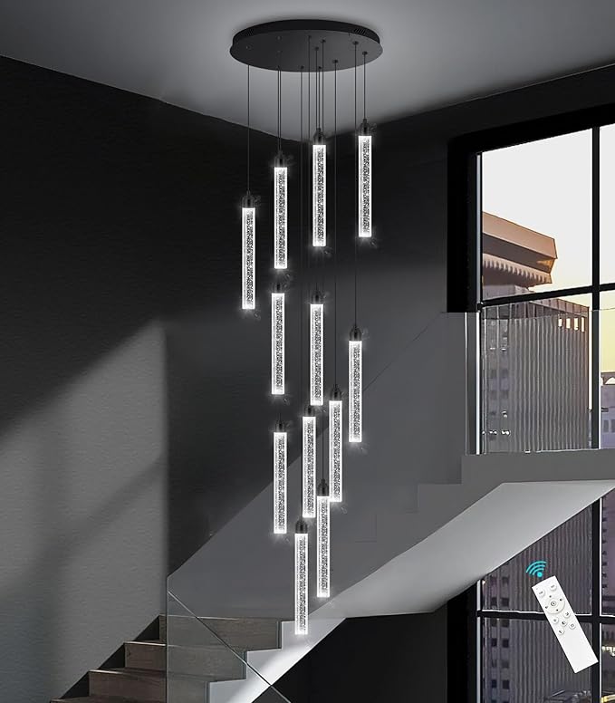 12-Lights Modern Chandeliers for Entryway High Ceiling Chandelier LED Dimmable Long Lights Fixture Pendants Lighting Crystal Chandeliers for Hallway Foyer Living Room Black Finished Lighting