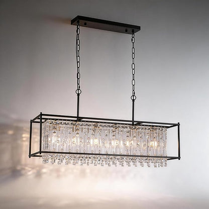 Modern Black Crystal Chandeliers For Dining Room, 42" Large Rectangle Water Ripple Glass Pendant Elegant Linear Lighting for Kitchen Island Dining Room LivingRoom Flat Inclined Ceiling,L42 x W11 x H19