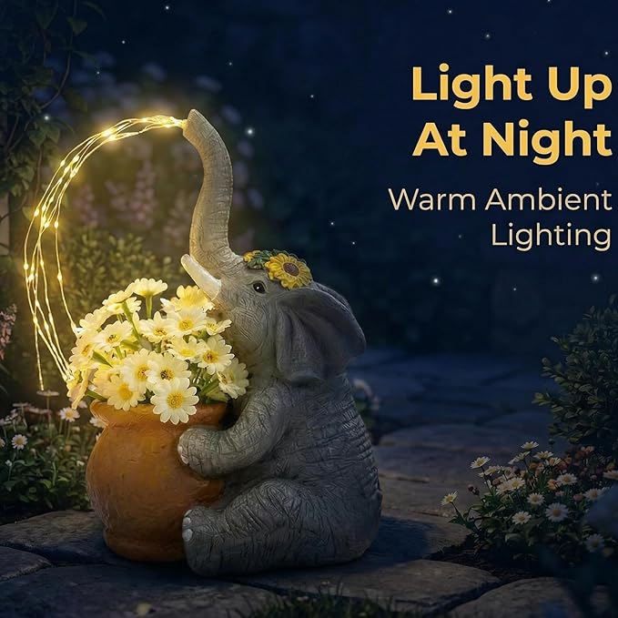 Joint Honglin Solar-Powered Elephant Planter with Lights, Resin Waterproof for Outdoor Garden, Comes with Flowers, Perfect for Night Decor Gift for Yard, Patio (Elephant)