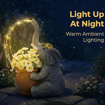 Joint Honglin Solar-Powered Elephant Planter with Lights, Resin Waterproof for Outdoor Garden, Comes with Flowers, Perfect for Night Decor Gift for Yard, Patio (Elephant)
