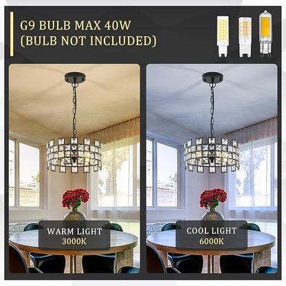 CATINER Black Crystal Pendant Light, 12'' Round 4-Light Modern Chandelier, Semi Flush Mount Ceiling Light for Kitchen Island, Dining Room, Bedroom, Entryway, Hallway, Foyer