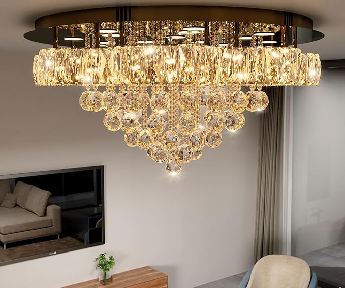 Flashing God W32inches Modern Black Chandeliers Raindrop Crystal Ceiling Lighting Fixture Flush Mount Chandelier for Living Room Hallway Dining Room Kitchen Bedroom