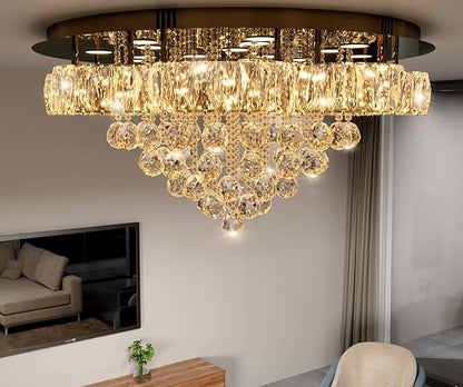 Flashing God W32inches Modern Black Chandeliers Raindrop Crystal Ceiling Lighting Fixture Flush Mount Chandelier for Living Room Hallway Dining Room Kitchen Bedroom