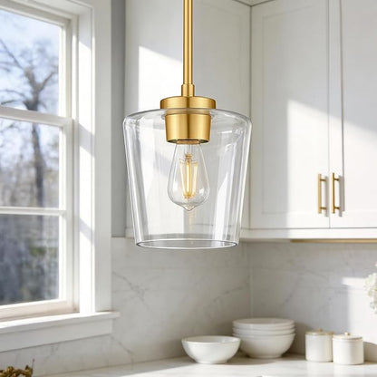 Pendant Lights Kitchen Island, 8" Brushed Gold Hanging Light Fixtures with Clear Glass Shade, Modern Kitchen Pendant Lighting Over Island for Dining Room, AD-22004-1PL-GD-C