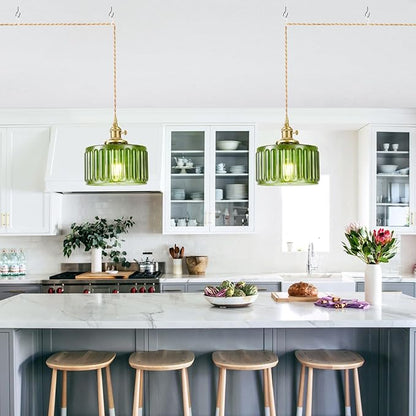 Plug in Pendant Light, Hanging Lights with Plug in Cord, Hanging Light Fixture with Clear Glass, E26 Pendant Lighting for Kitchen Island, Bedroom, Dining Room, Living Room-Green