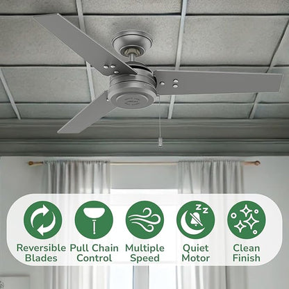 Hunter 44 inch Outdoor or Indoor Ceiling Fan No Light - Ceiling Fan without Light, For Patio, Porch, Garage, or Living Room, Standard Mount, 3 Blades, Pull Chain - Cassius 50256, Matte Silver